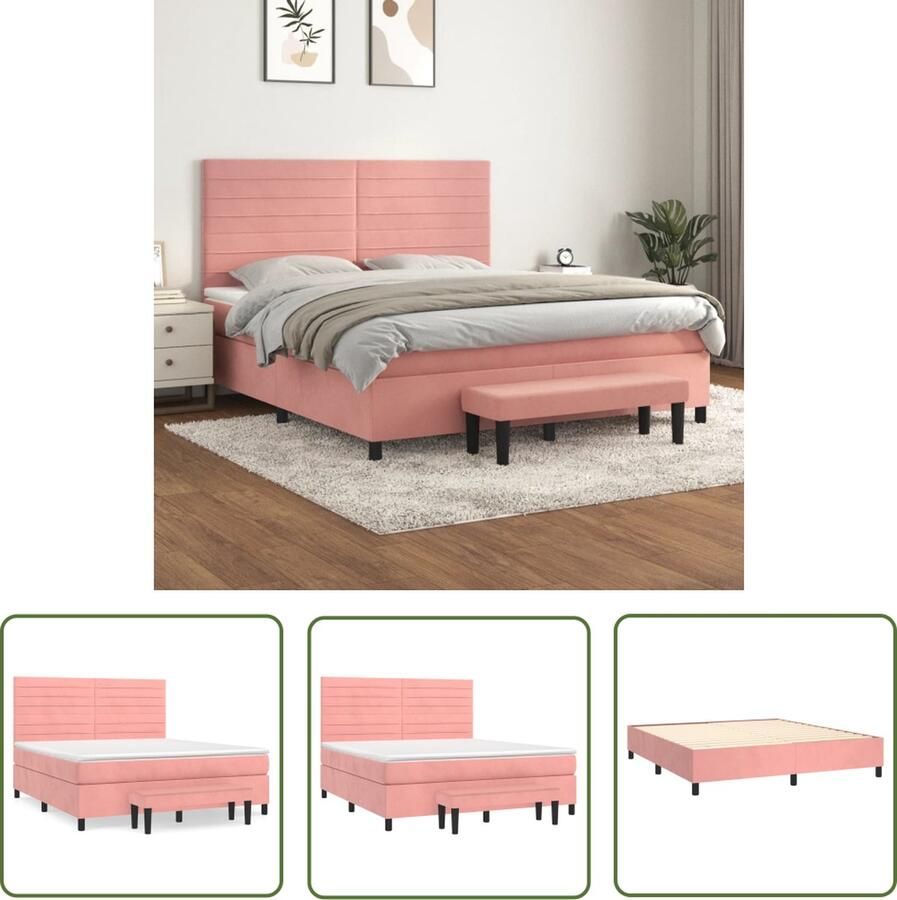 The Living Store Boxspringbed roze fluweel 180x200 cm verstelbaar hoofdbord pocketvering matras middelharde ondersteuning huidvriendelijk topmatras inclusief multifunctioneel bankje