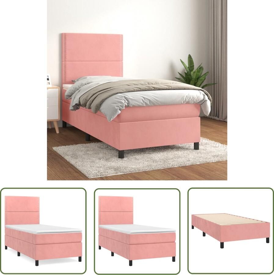 The Living Store Boxspringbed Roze 203 x 80 x 78 88 cm Fluweel Pocketvering Middelharde ondersteuning Huidvriendelijk Boxspringbed Fluweel Bed Roze Bed Tweepersoons Bed Boxspring - Foto 3