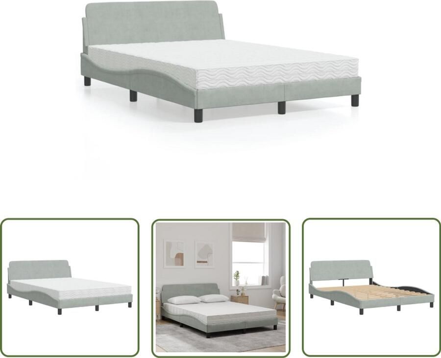 VidaXL Fluweel Bed Comfortabel Bed met matras Dover fluweel lichtgrijs 140x190 cm Grijs Bed Tweepersoonsbed King Size Bed