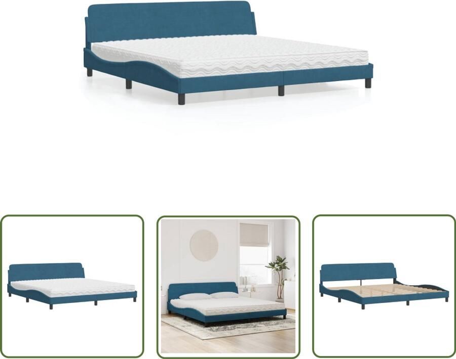 VidaXL Fluweel Bed Slaapcomfort Bed met matras Dover fluweel blauw 200x200 cm Boxspring Tweepersoonsbed King Size Bed