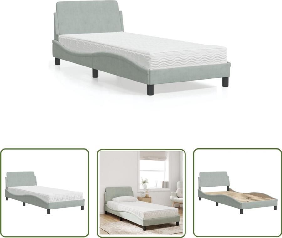 VidaXL Fluweel Bed Slaapcomfort Bed met matras Dover fluweel lichtgrijs 90x190 cm Tweepersoonsbed Klein Bed Boxspring Bed
