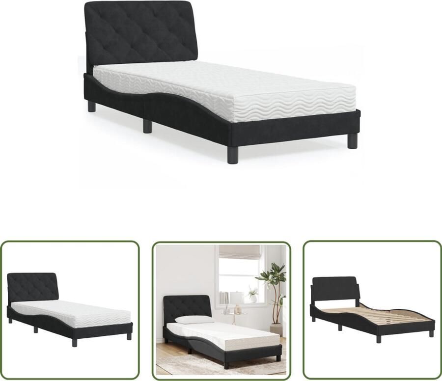 VidaXL Fluweel Bed Slaapcomfort Bed met matras fluweel zwart 90x190 cm Boxspring Bed Tweepersoonsbed Zwarte Bedden