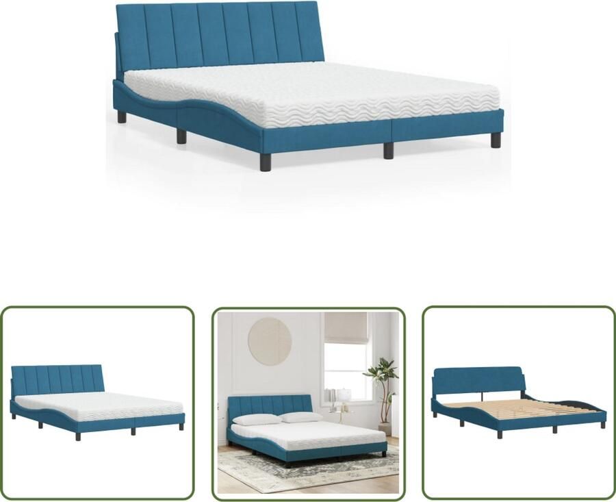 VidaXL Fluweel Bed Slaapcomfort Bed met matras Hanko fluweel blauw 160x200 cm Boxspring Bed Tweepersoonsbed King Size Bed