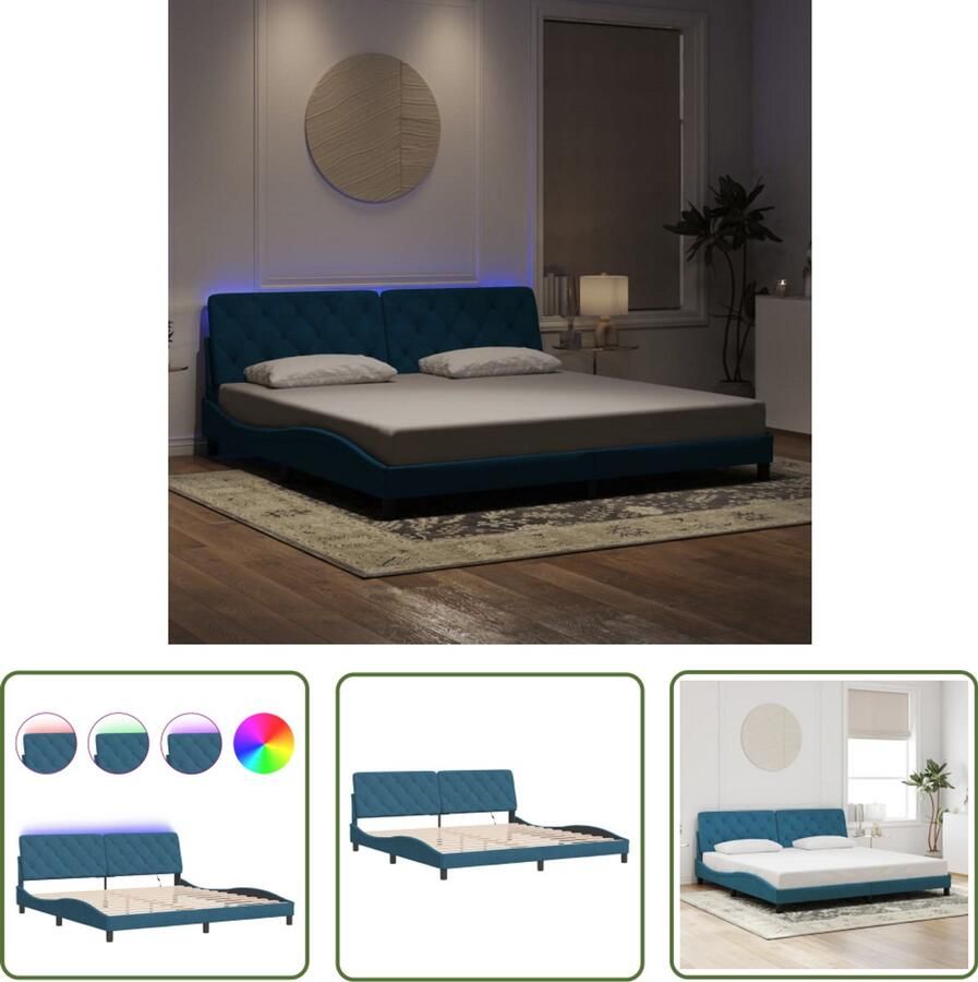 VidaXL Fluweel Bed Slaapcomfort Bedframe met LED zonder matras fluweel blauw 200x200 cm Led Lampen Bed Boxspring Tweepersoons Bed