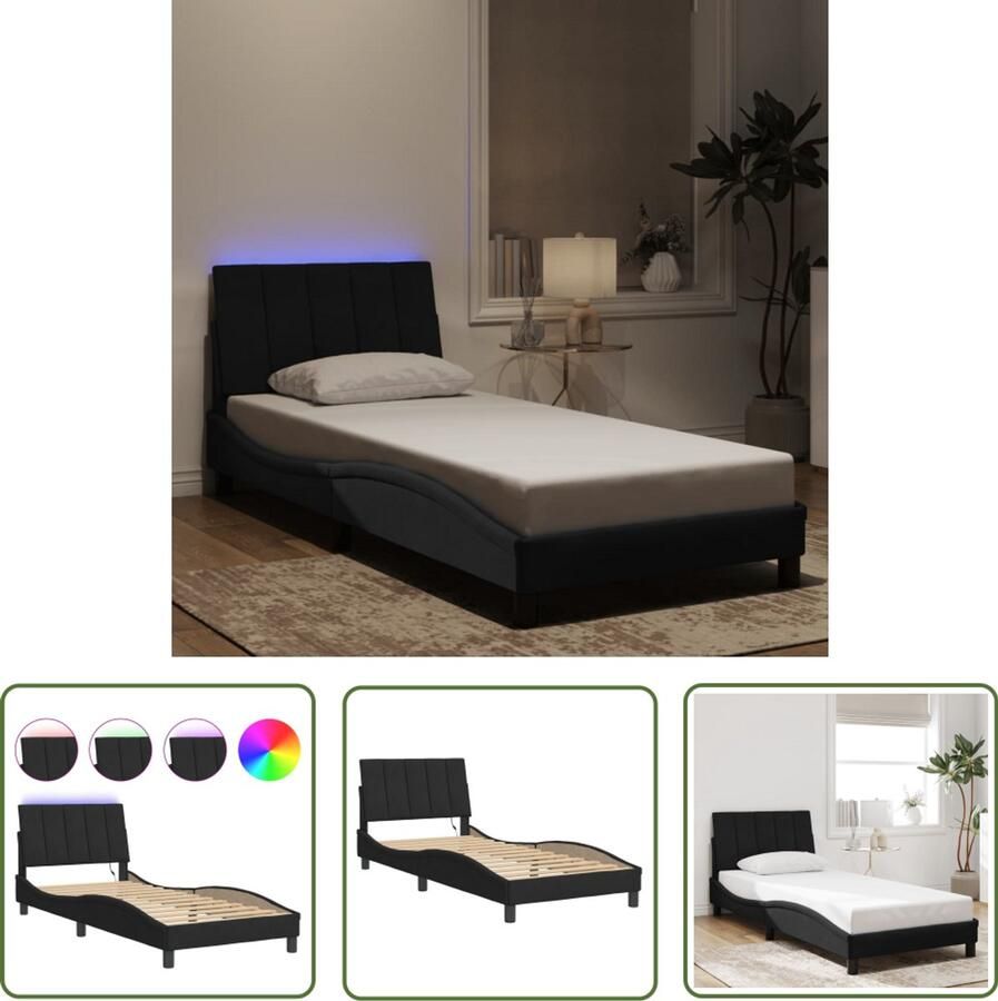 VidaXL Fluweel Bed Slaapcomfort Bedframe met LED zonder matras Hanko fluweel zwart 90x200 cm Led Lampen Hoofdbord Design Bed