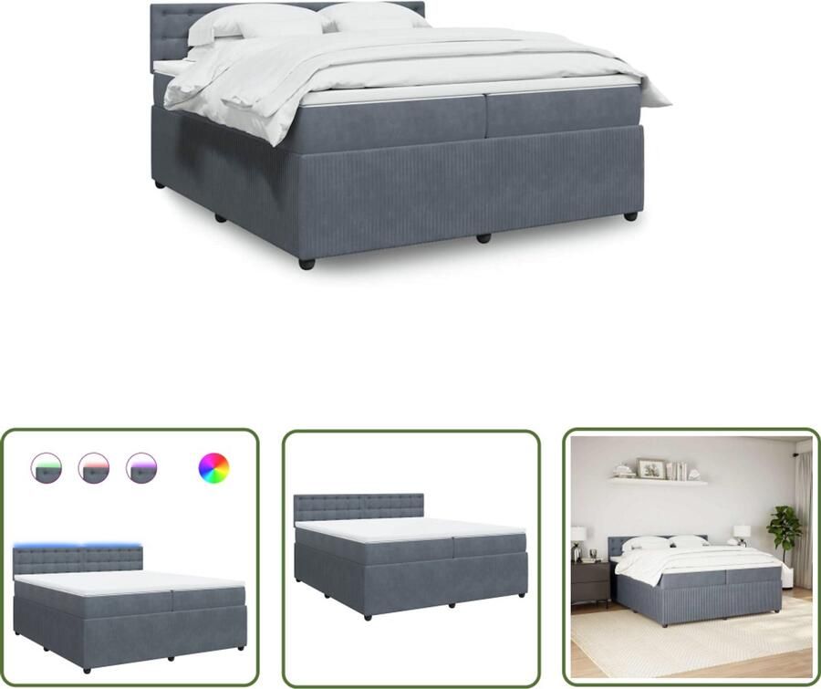 VidaXL Fluweel Boxspring met matras fluweel donkergrijs 200x200 cm Donker Grijs Tweepersoonsbed Led Verlichting