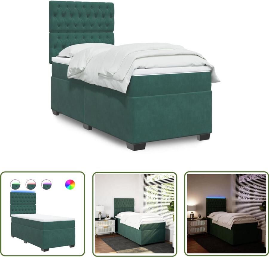 VidaXL Boxspring met matras fluweel donkergroen 100x200 cm Boxspring Fluweel Donkergroen Matras Led Verlichting