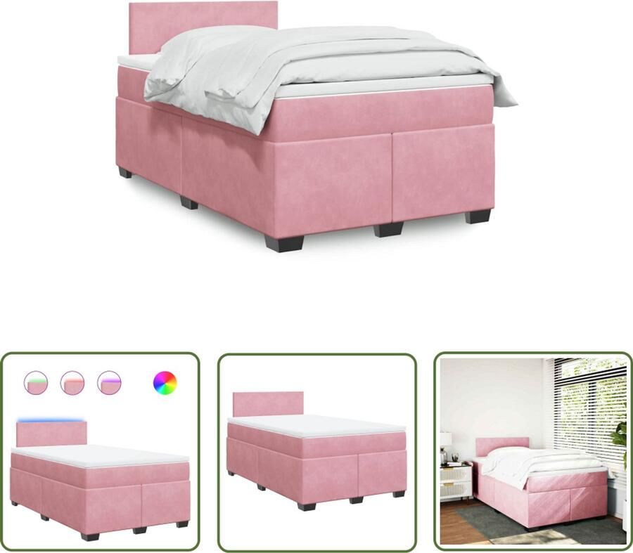 VidaXL Fluweel Boxspring met matras fluweel roze 120x190 cm Matras Led Verlichting Pocketvering