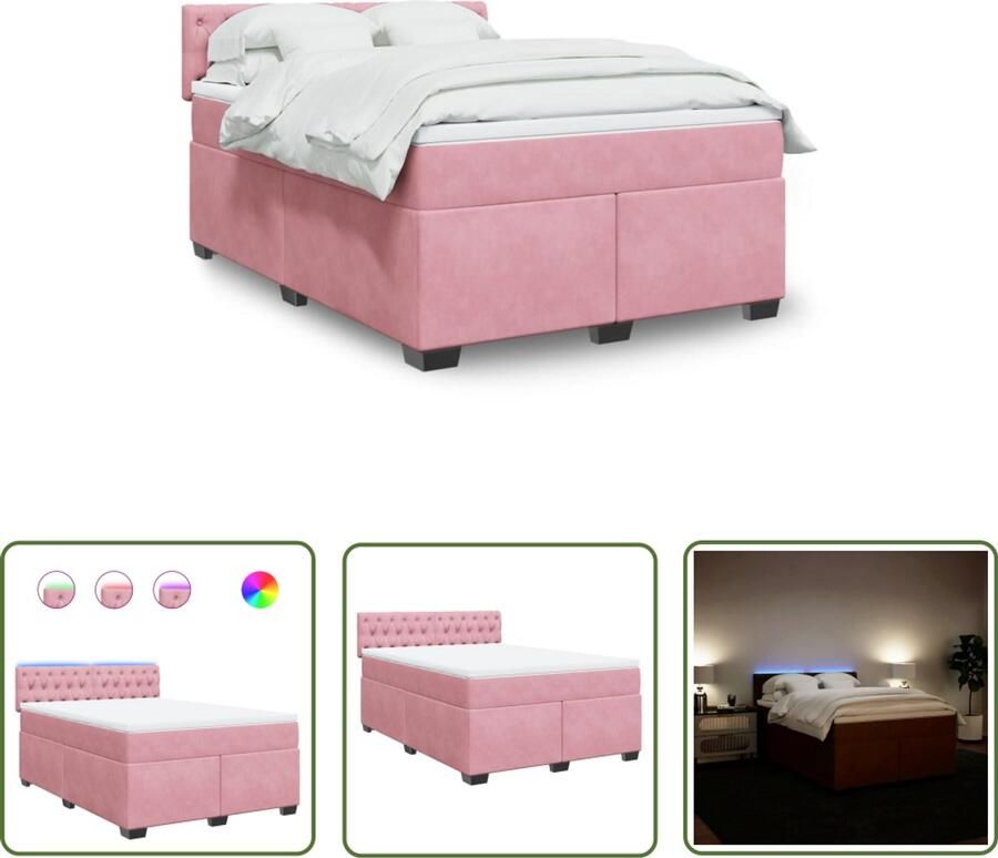 VidaXL Fluweel Boxspring met matras fluweel roze 140x190 cm Roze Matras Led Verlichting