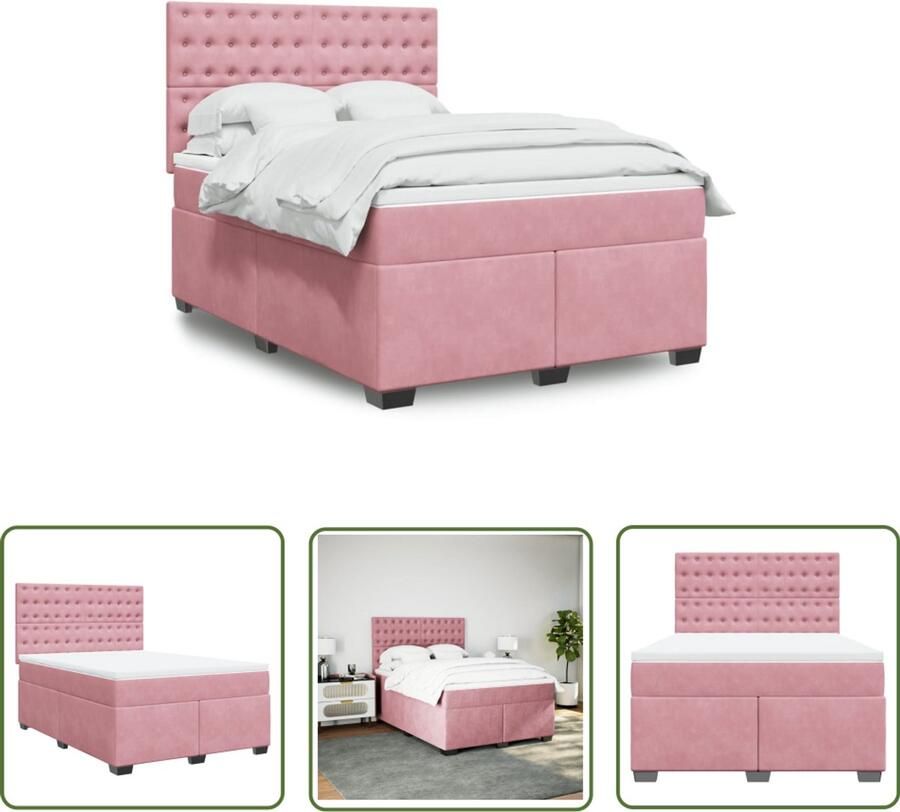 VidaXL Fluweel Boxspring met matras fluweel roze 140x200 cm Roze Bed Frame Matras