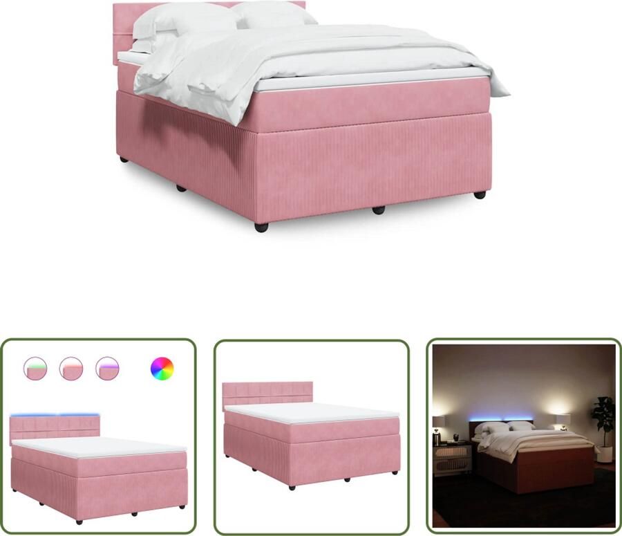VidaXL Boxspring met matras fluweel roze 140x200 cm Boxspring Fluweel Roze Matras Led Verlichting