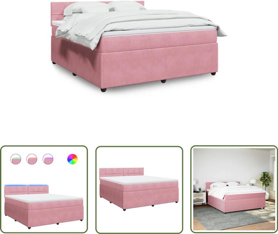 VidaXL Boxspring met matras fluweel roze 180x200 cm Boxspring Fluweel Slaapcomfort Pocketveringmatras Led Verlichting