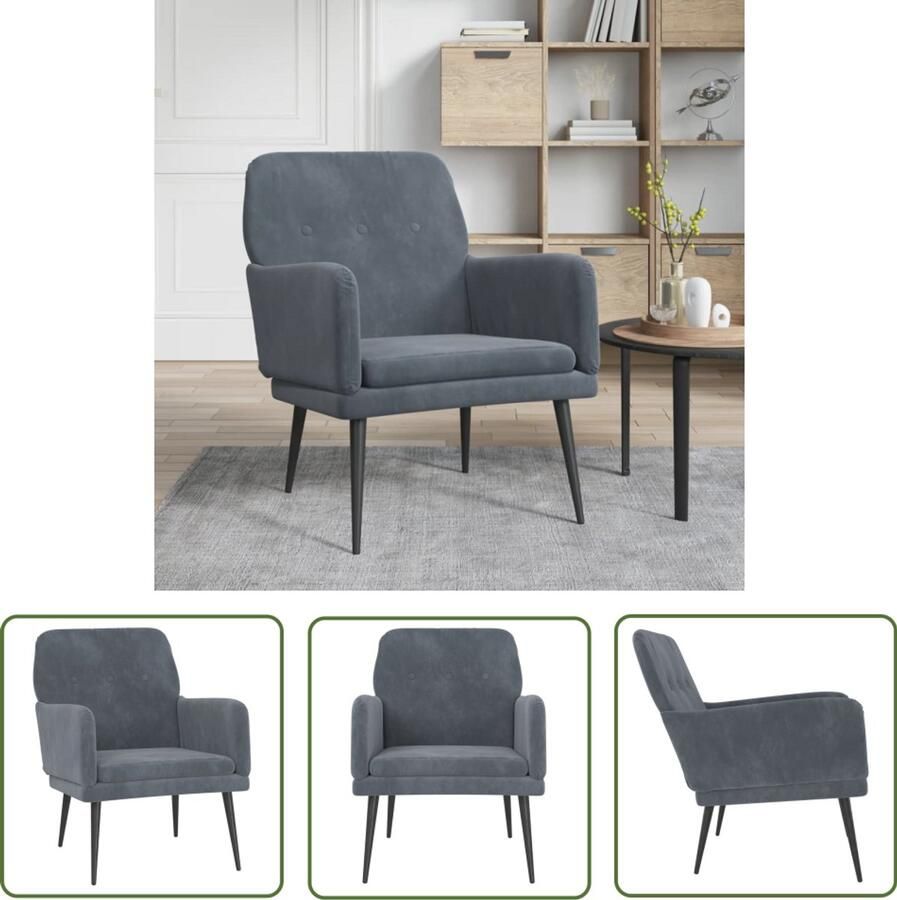 The Living Store Fauteuil 62x79x79 cm fluweel donkergrijs Relaxfauteuil Fauteuils Velours Fauteuil Donkere Grijze Fauteuil Lounge Stoel