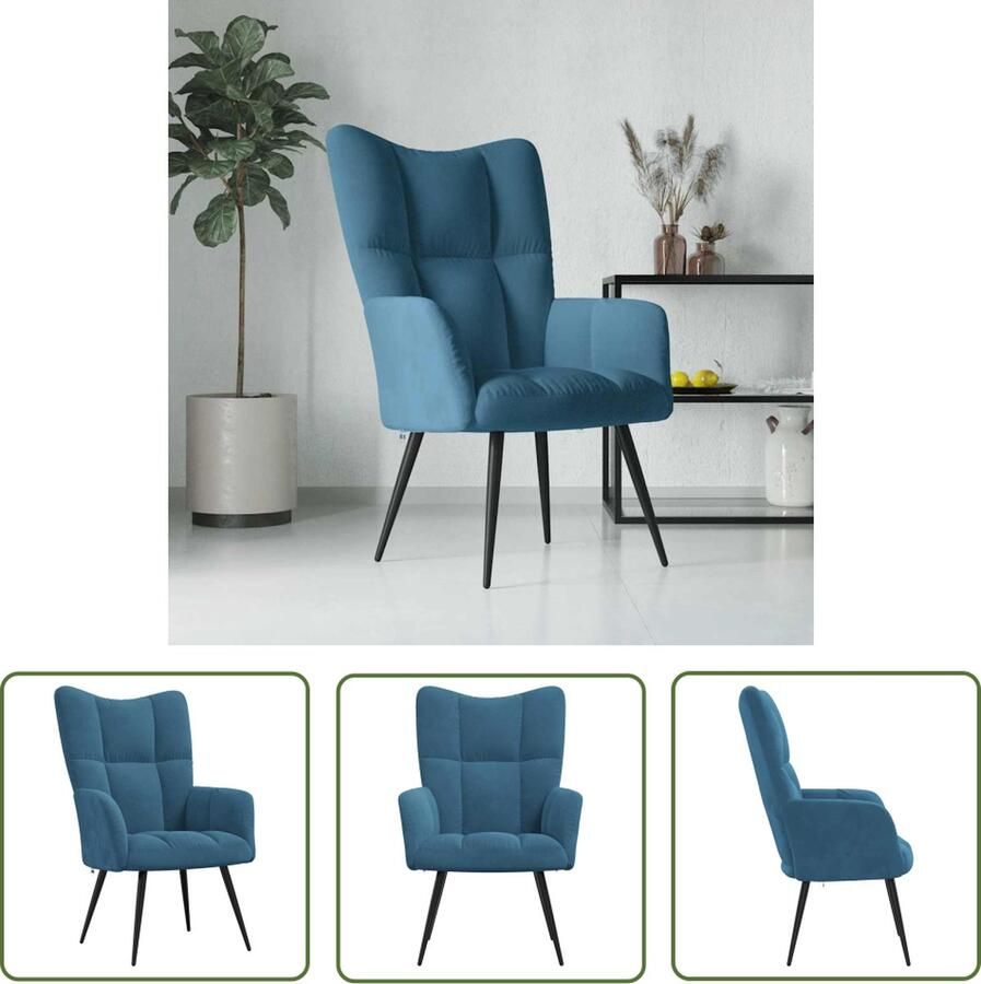 The Living Store Relaxstoel Blokpatroon 61x70x96.5 cm Blauw Fluweel en Staal Relaxfauteuil Fluweel Fauteuil Blauwe Fauteuil Lounge Stoel Comfortabele Stoel - Foto 2