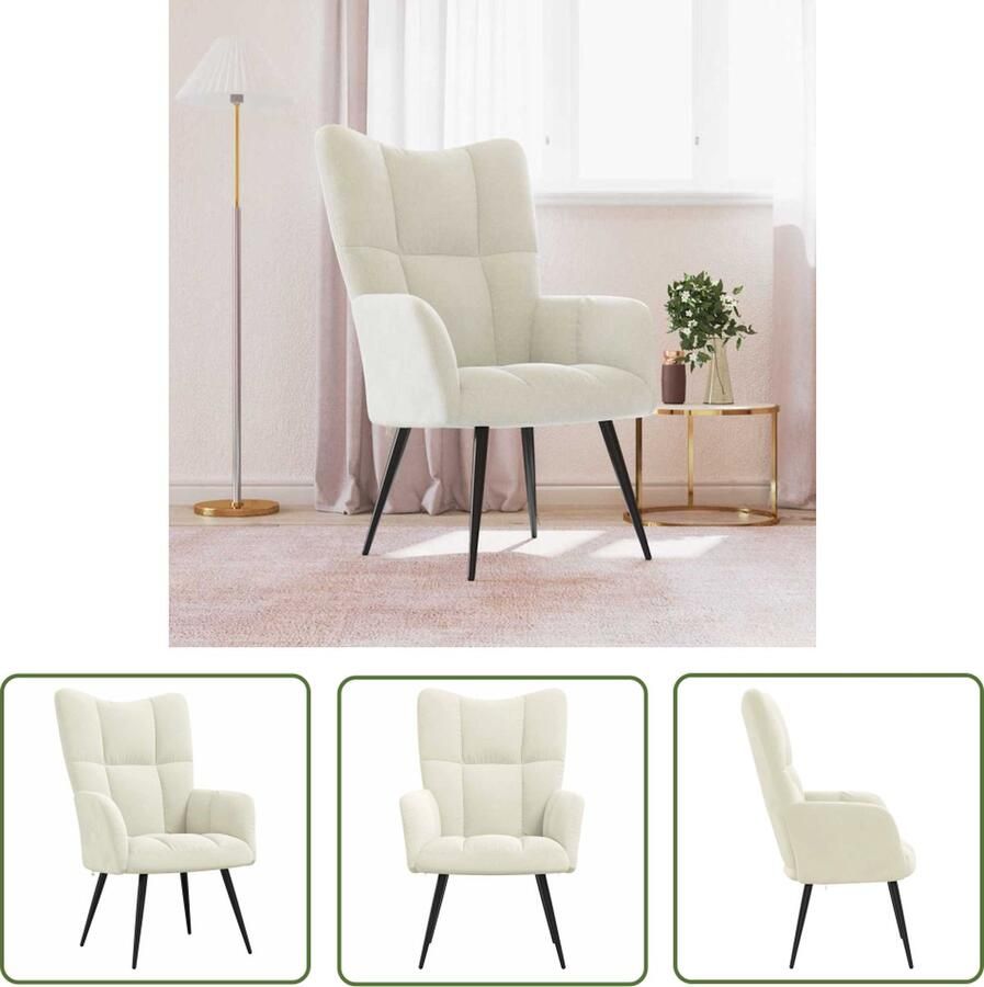 The Living Store Relaxstoel Blokpatroon 61 x 70 x 96.5 cm Fluweel Crèmewit Relaxfauteuil Fluweel Fauteuil Creme Wit Fauteuil Lounge Stoel Salontafel - Foto 2