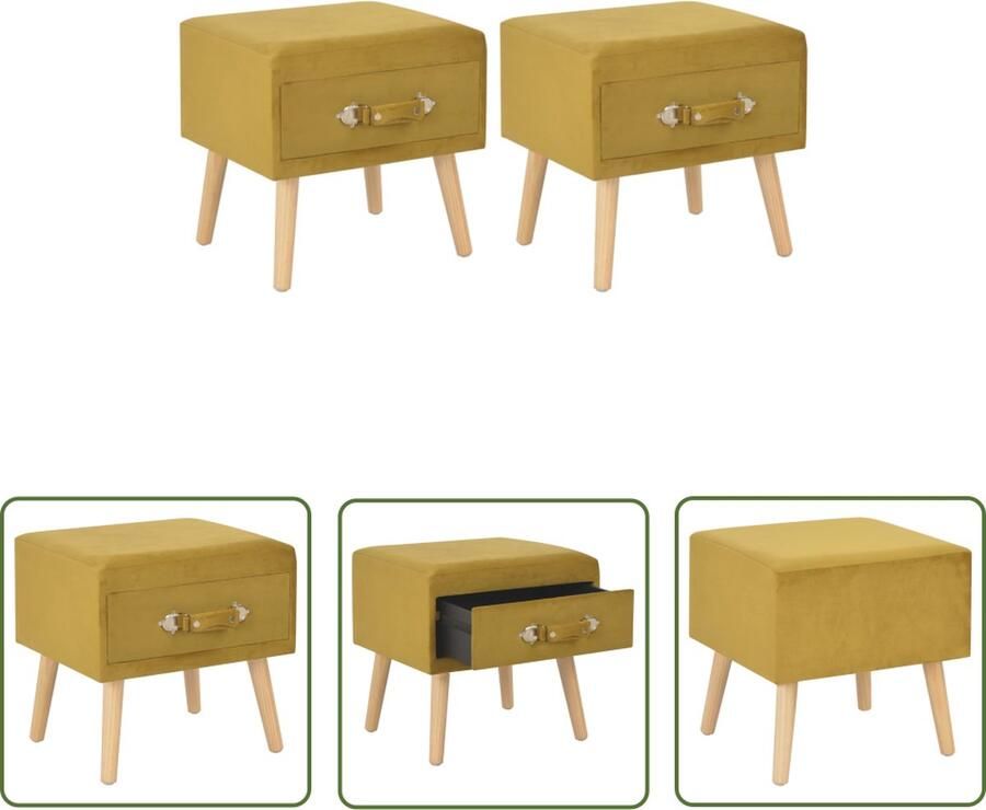 The Living Store Nachtkastjes Fluweel en Massief Grenenhout 40 x 35 x 40 cm Mosterd 2 Stuks Nachtkastjes Fluweel Nacht Kast Nachtkast Sidetable Meubilair Slaapkamer - Foto 2