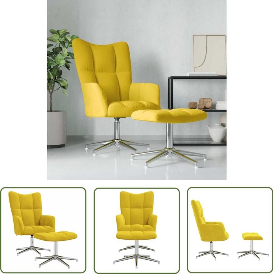 The Living Store Relaxstoel met voetenbank fluweel mosterdgeel Relaxfauteuil Fluweel Mosterdgeel Lounge Stoel Design Stoel