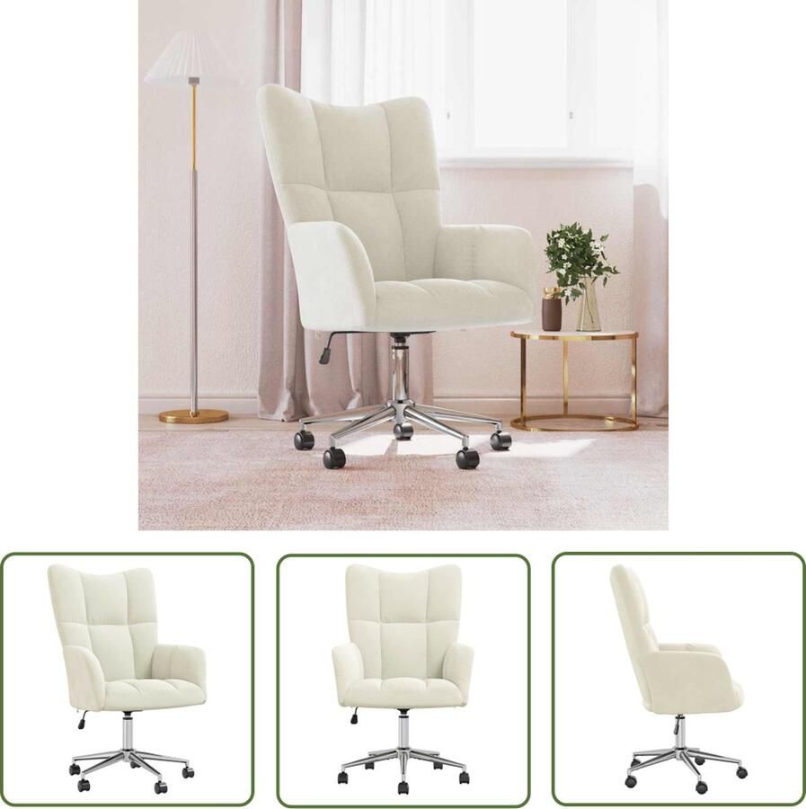 The Living Store Relaxstoel Blokpatroon Fluweel 61.5 x 69 cm Crèmewit Relaxstoel Fluweel Cremewit Comfortabele Stoel Bureaustoel - Foto 2