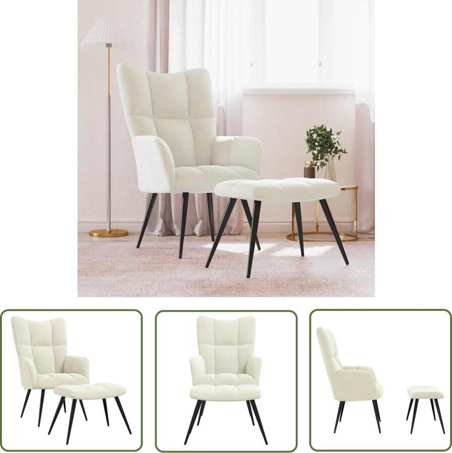 The Living Store Relaxstoel Blokpatroon 61 x 70 x 96.5 cm Crèmewit Fluweel Staal Relaxstoel Fluweel Creme Wit Lounge Stoel Fauteuils - Foto 2