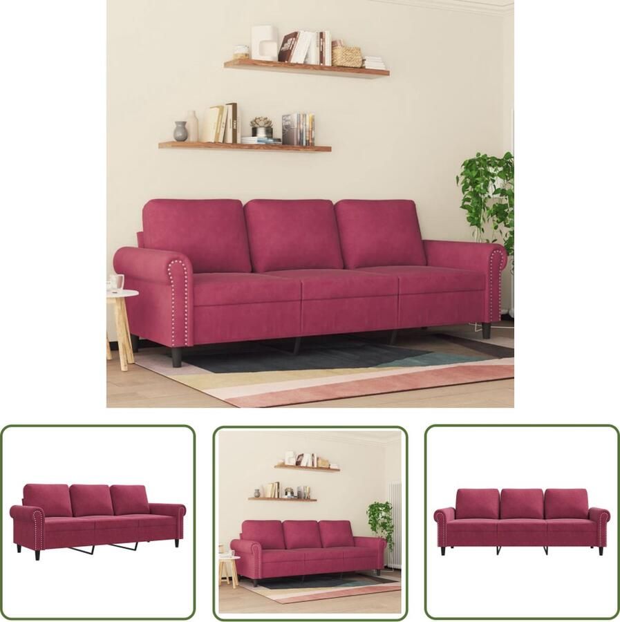 The Living Store Fluweel 3-zitsbank 212 x 77 x 80 cm Wijnrood Luxe Comfort met Metalen Frame 3-zitsbank Fluweel Sofa Rode Bank Lounge Meubilair Salontafel