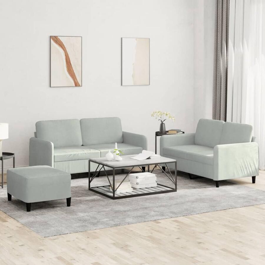 The Living Store 3-delige Loungeset fluweel lichtgrijs Lounge Set Fluweel Sofa 2 Persoons Bank Grijze Bank Bankstel