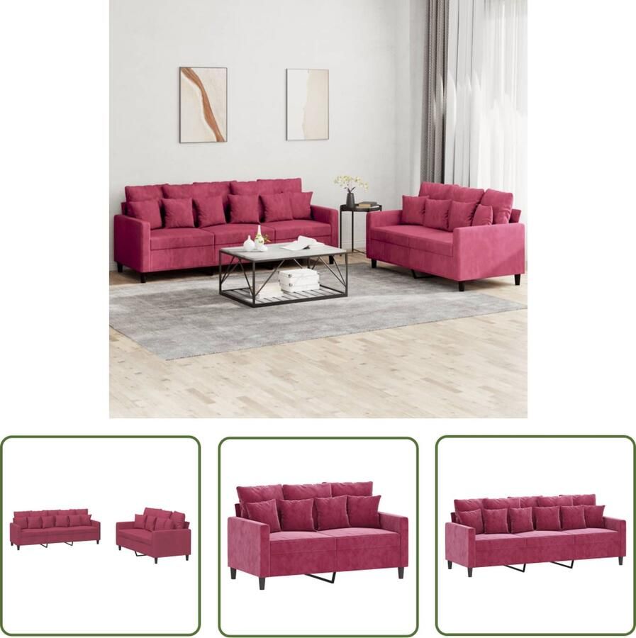 The Living Store 2-delige Loungeset met kussens fluweel wijnrood Loungeset Fluweel Sofa Rode Bank Bankstel Woonkamer Meubilair