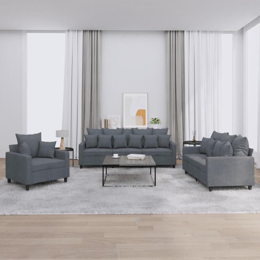 The Living Store 3-delige Loungeset met kussens fluweel donkergrijs Loungeset Fluweel Sofa Donkere Grijze Bank Lounge Meubels Salonset