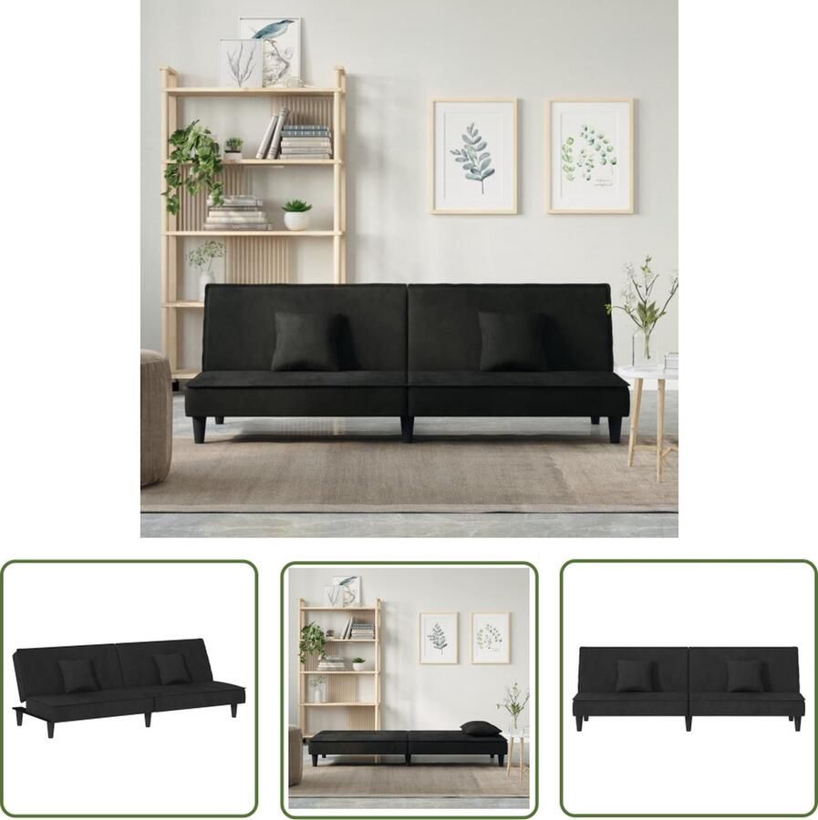 The Living Store Slaapbank Fluwelen Bank Verstelbare rugleuning Comfortabele zitervaring Praktische rolkussens Stevig en stabiel frame Kleur- zwart Afmetingen- 200 x 89 x 70 cm - Foto 2