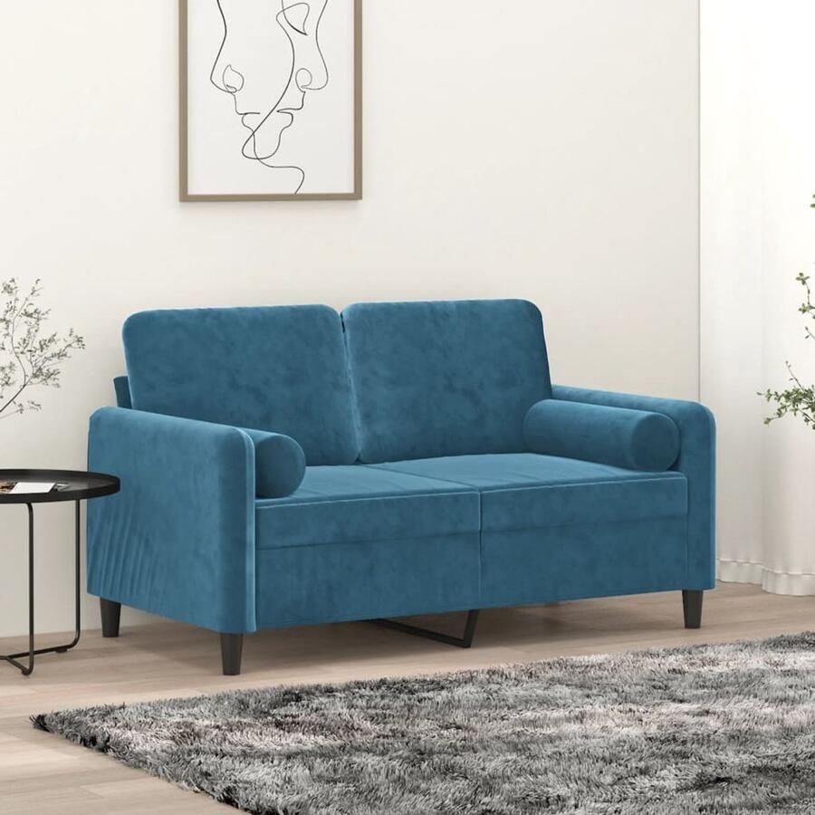 The Living Store Tweezitsbank met sierkussens 120 cm fluweel blauw Tweezitsbank Fluweel Sofa Lounge Stoel Woonkamer Meubilair Blauwe Bank