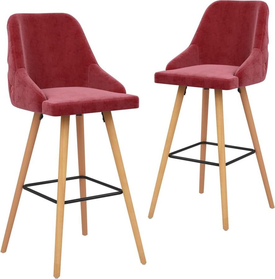 The Living Store Barstoel Set fluweel wijnrood 48x55x106 cm massief beukenhout Barstoollot Fluweel Stoel Rode Stoel Lounge Stoel Barstool Set - Foto 2