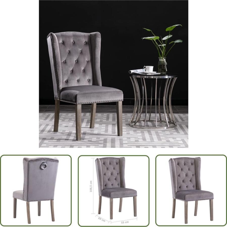 The Living Store Eetstoel Grijs Fluweel 55 x 69 x 108.5 cm Metalen klinknagels Eetkamerstoel Fluweel Stoel Grijze Eetkamerstoel Vintage Stoel Klassieke Stoel - Foto 2