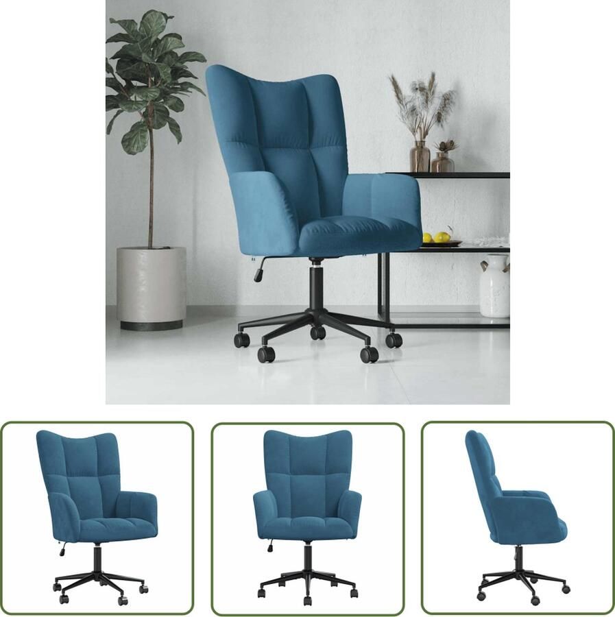 The Living Store Relaxstoel blauw fluweel 61.5 x 69 x (94.5 102) cm verstelbaar met wieltjes Relaxstoel Fluweel Stoel Blauwe Stoel Ergonomische Stoel Kantoorstoel
