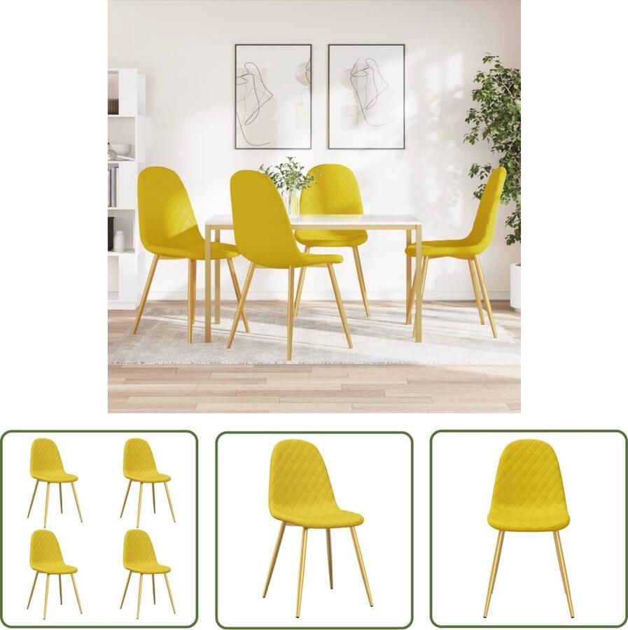 The Living Store Eetkamerstoelen Fluweel Mosterdgeel 45 x 53.5 x 87 cm Eetkamerstoelen Fluweel Stoelen Mustard Yellow Chairs Gouden Pootjes Luxe Stoelen - Foto 2