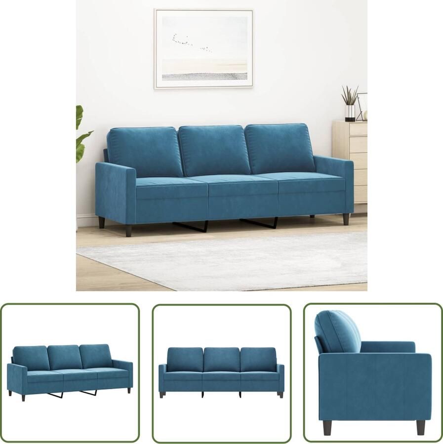 The Living Store 3-zitsbank fluweel blauw 198 x 77 x 80 cm Comfortabele zitervaring Drie Persoonsbank Fluweelb Bank Blauwe Bank Salontafel Lounge Meubilair