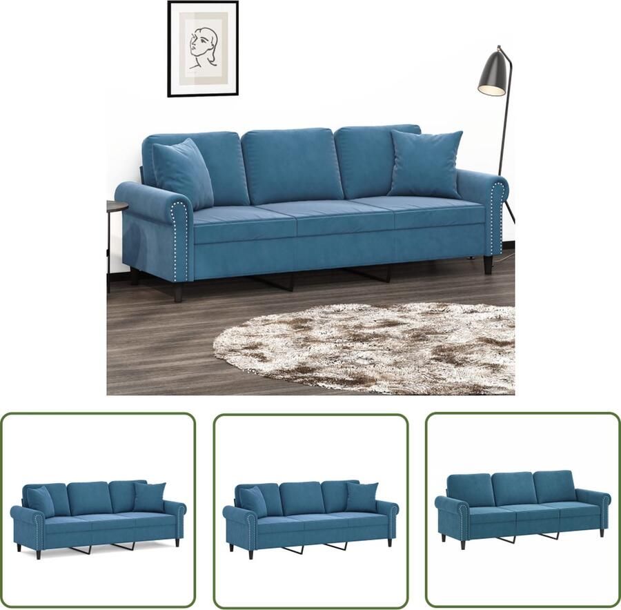 The Living Store Driezitsbank met sierkussens 180 cm fluweel blauw Drie Persoonsbank Fluweelb Bank Blauwe Bank Lounge Bank Bankstel
