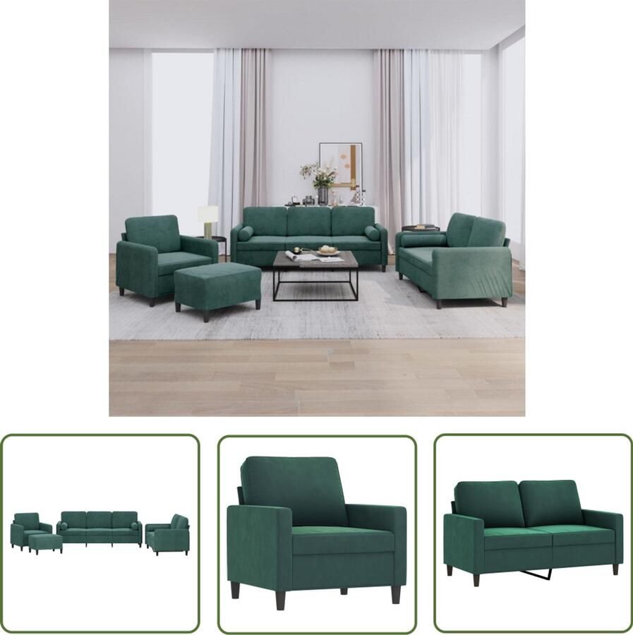 VidaXL Fluweelb BANK Loungebank 4-delige Loungeset met kussens fluweel donkergroen Groene Bank Bankstel Salontafel