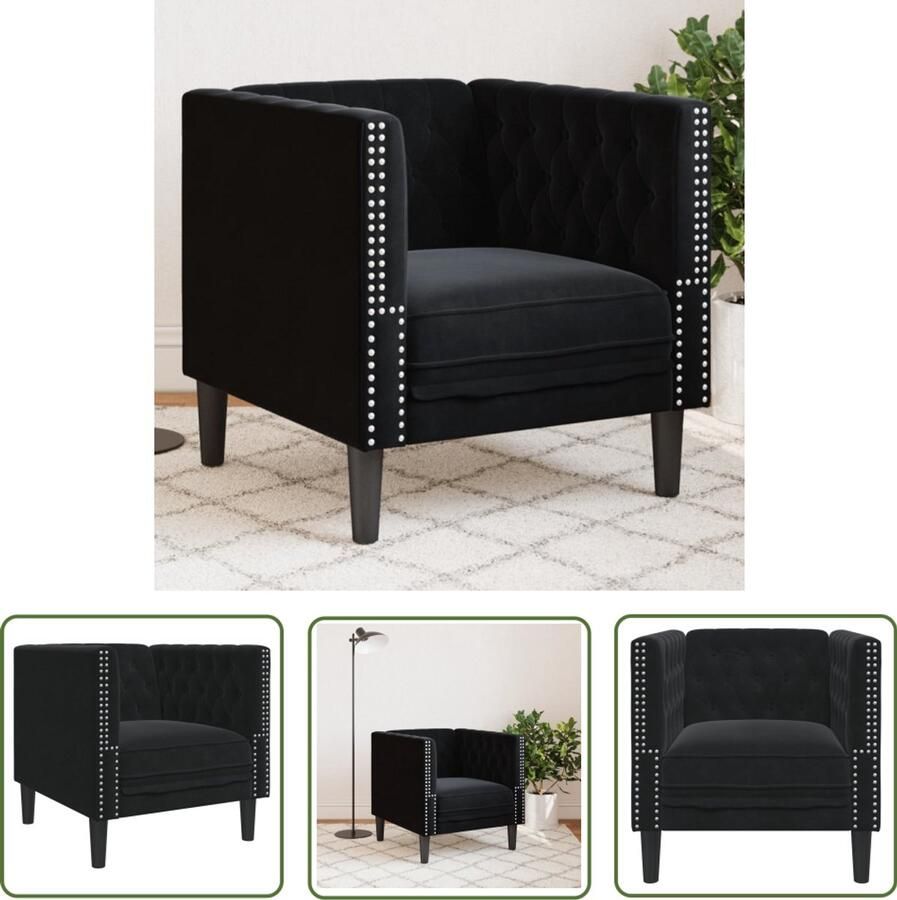 VidaXL Fluweelfauteuil Fauteuil Chesterfield Fauteuil Chesterfield-stijl fluweel zwart Zwarte Fauteuil Designstoel Lounge Stoel