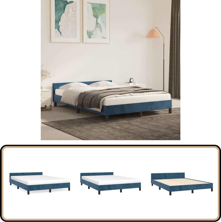 The Living Store Bedframe Donkerblauw Fluweel Ondersteunende poten Multiplex lattenbodem 193x143x50cm Geschikte matras- 140x190cm Donkerblauwe Bedbank Velvet Bed Frame Tweepersoons Bed Boxspring Bed Slaapkamer Meubilair