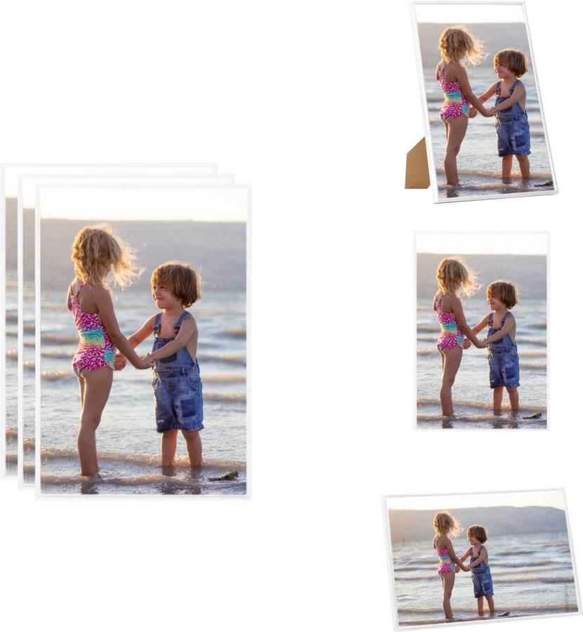 VidaXL Fotolijsten Set van 3 21 x 29.7 cm Wit PVC MDF en PS Eenvoudig fotos verwisselen Hangen of op tafel Inclusief standaard Fotolijst