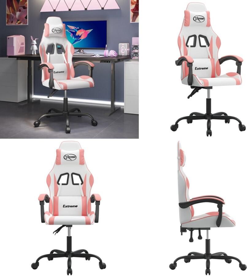VidaXL Gamestoel draaibaar kunstleer wit en roze Gamingstoel Gamingstoelen Televisiestoel Racingstoel