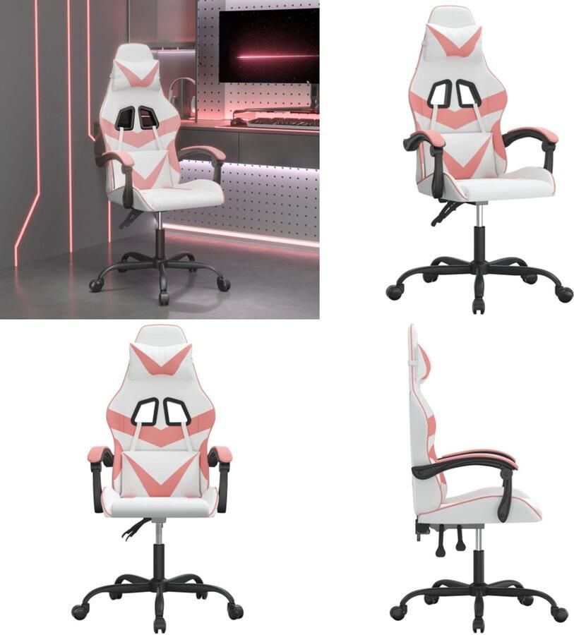 VidaXL Gamestoel draaibaar kunstleer wit en roze Gamingstoel Gamingstoelen Televisiestoel Racingstoel