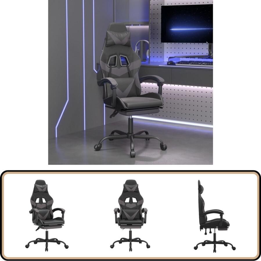 VidaXL Gamestoel Draaibaar Kunstleer Zwart Grijs Gamingstoel Gamingstoelen Kantoorstoel Bureaustoel Ergonomische Stoel - Foto 2