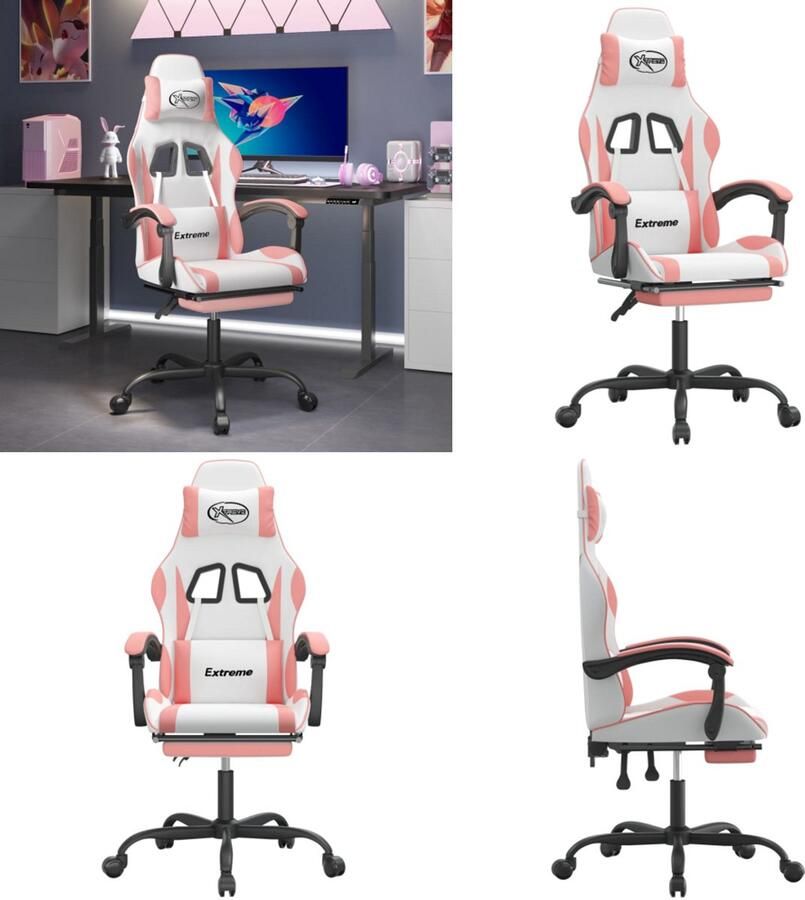 VidaXL Gamestoel draaibaar met voetensteun kunstleer wit en roze Gamingstoel Gamingstoelen Televisiestoel Racingstoel - Foto 2
