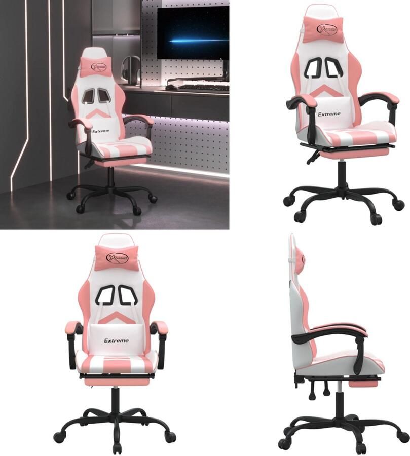 VidaXL Gamestoel draaibaar met voetensteun kunstleer wit en roze Gamingstoel Gamingstoelen Televisiestoel Racingstoel