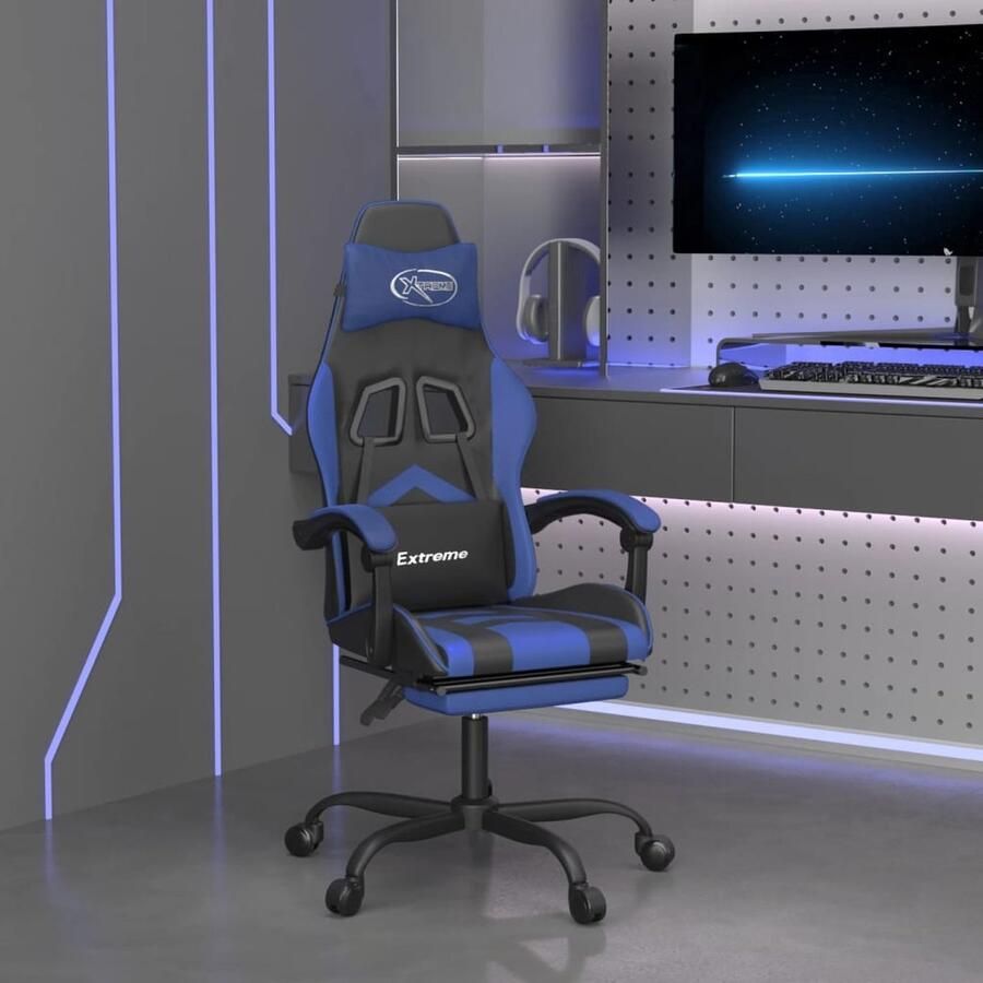 VidaXL Gamestoel draaibaar met voetensteun kunstleer zwart en blauw Gamingstoel Gamingstoelen Televisiestoel Racingstoel