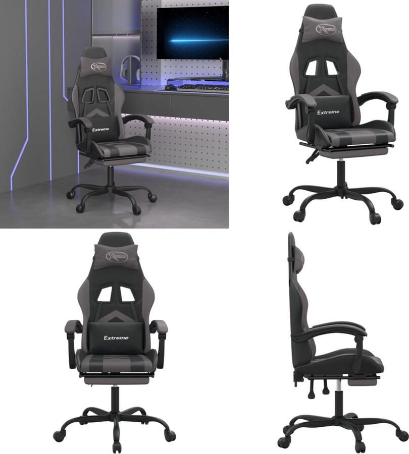 VidaXL Gamestoel draaibaar met voetensteun kunstleer zwart en grijs Gamingstoel Gamingstoelen Televisiestoel Racingstoel