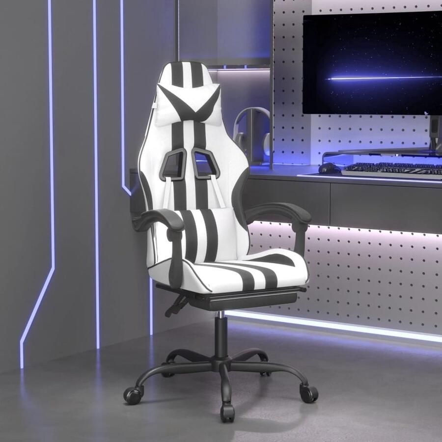 VidaXL Gamestoel draaibaar met voetensteun kunstleer zwart en wit Gamingstoel Gamingstoelen Televisiestoel Racingstoel