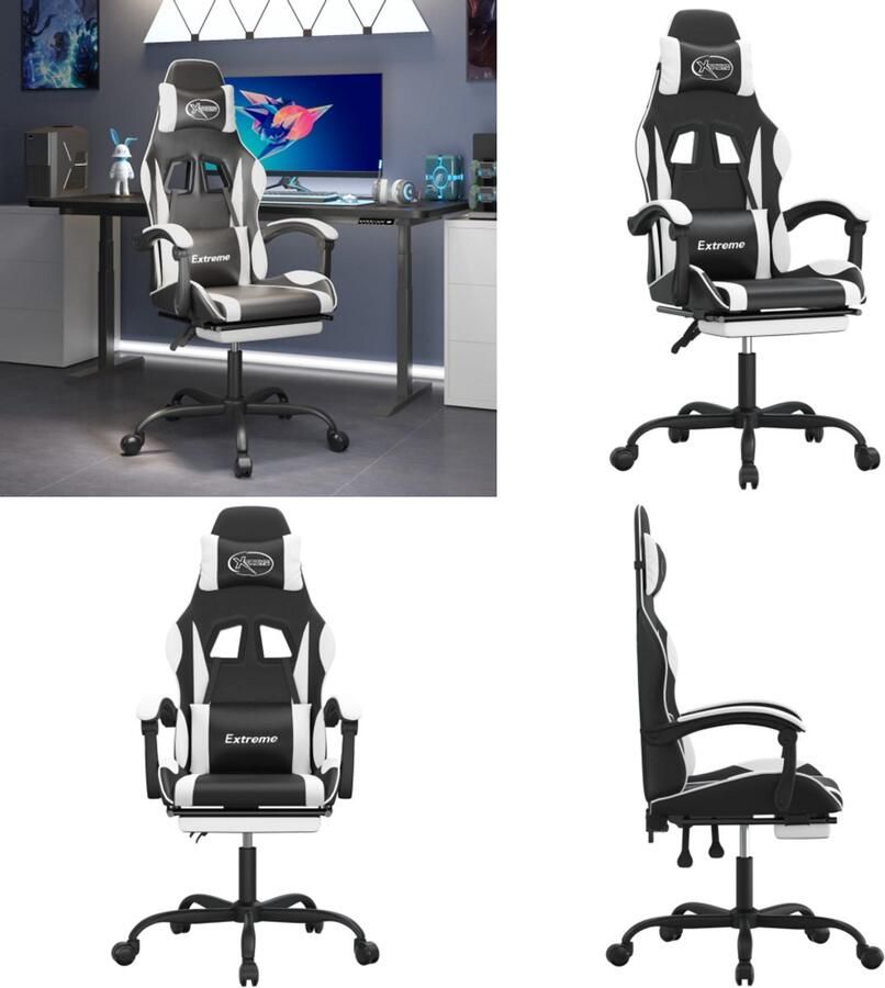 VidaXL Gamestoel draaibaar met voetensteun kunstleer zwart en wit Gamingstoel Gamingstoelen Televisiestoel Racingstoel