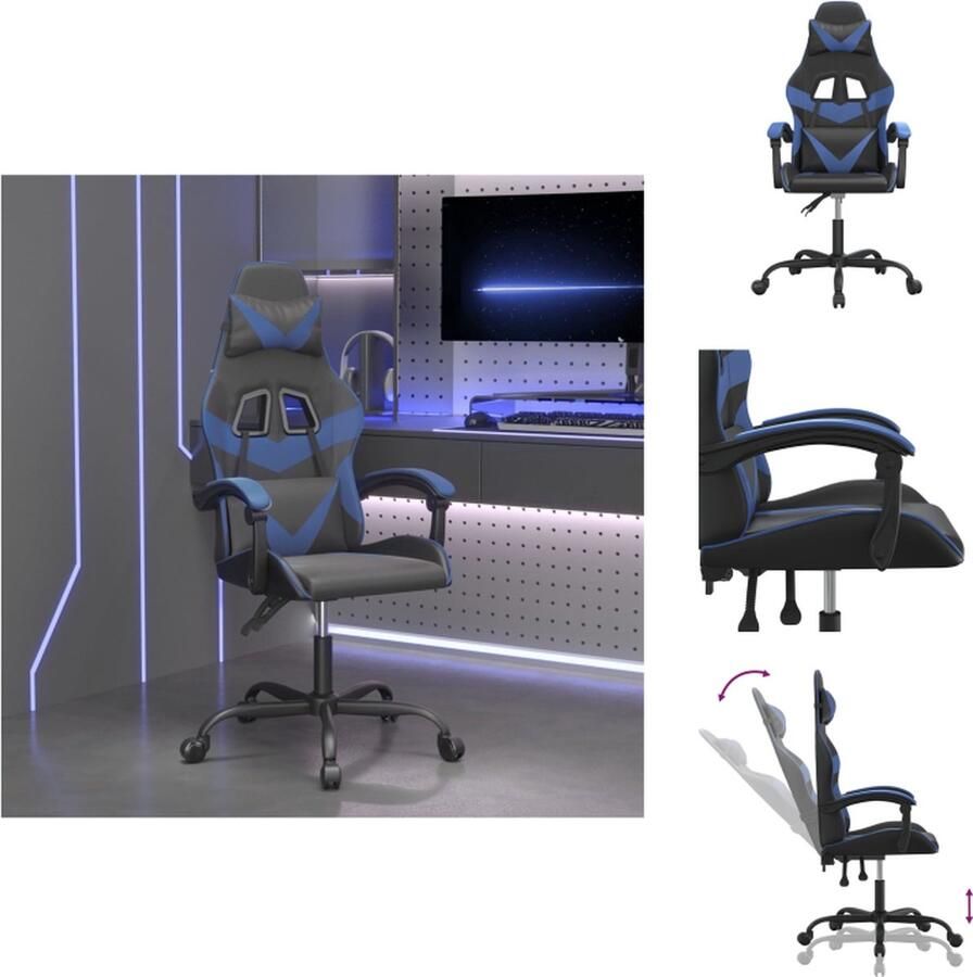 VidaXL Gamestoel Zwart en Blauw 57.5 x 59.5 x (121-131) cm Duurzaam kunstleer Extra kussens Verstelbare rugleuning en hoogte Handig ontwerp Stevig frame Massagepunt Bureaustoel