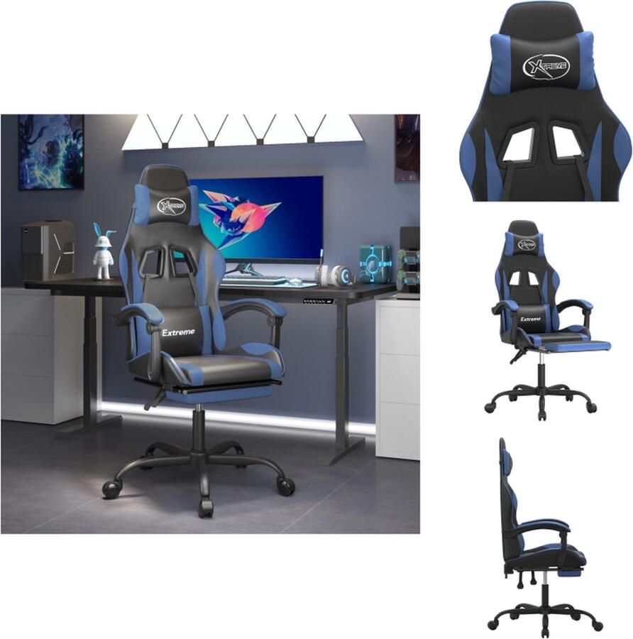 VidaXL Gamingstoel Gamingstoelen Televisiestoel Racingstoel Gamestoel draaibaar met voetensteun kunstleer zwart en blauw - Foto 3